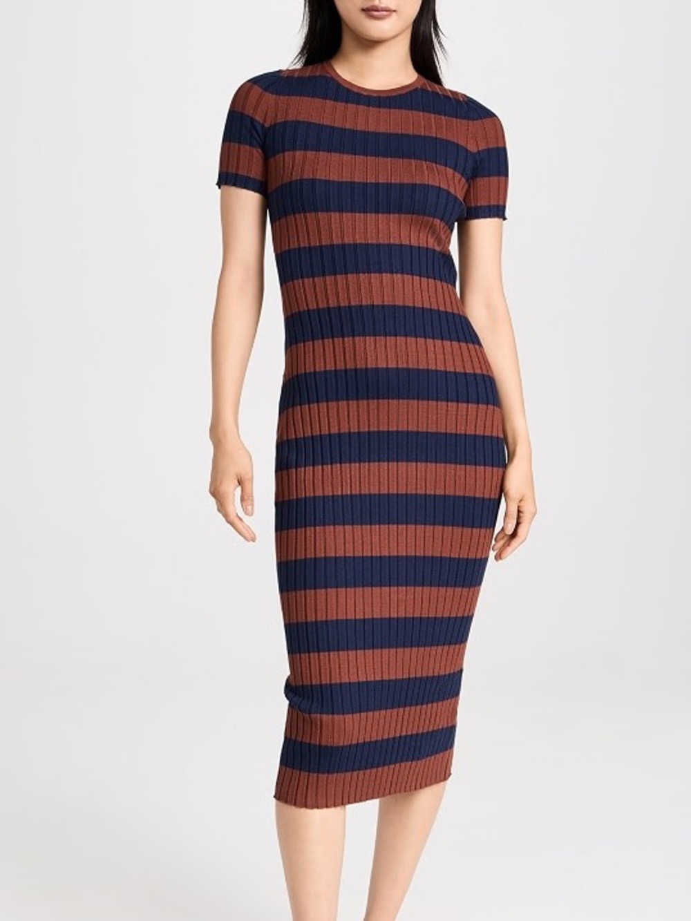 Madewell Navy and Brown Striped Ribbed Crewneck Sweater Dress XXS